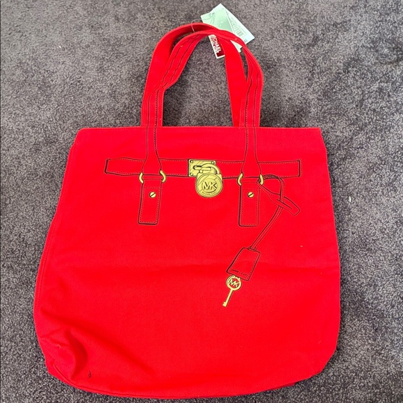Michael Kors Handbags - Michael Kors Vibrant Red Canvas Tote w Gold Accents NWT Hamilton Trompe Loeil